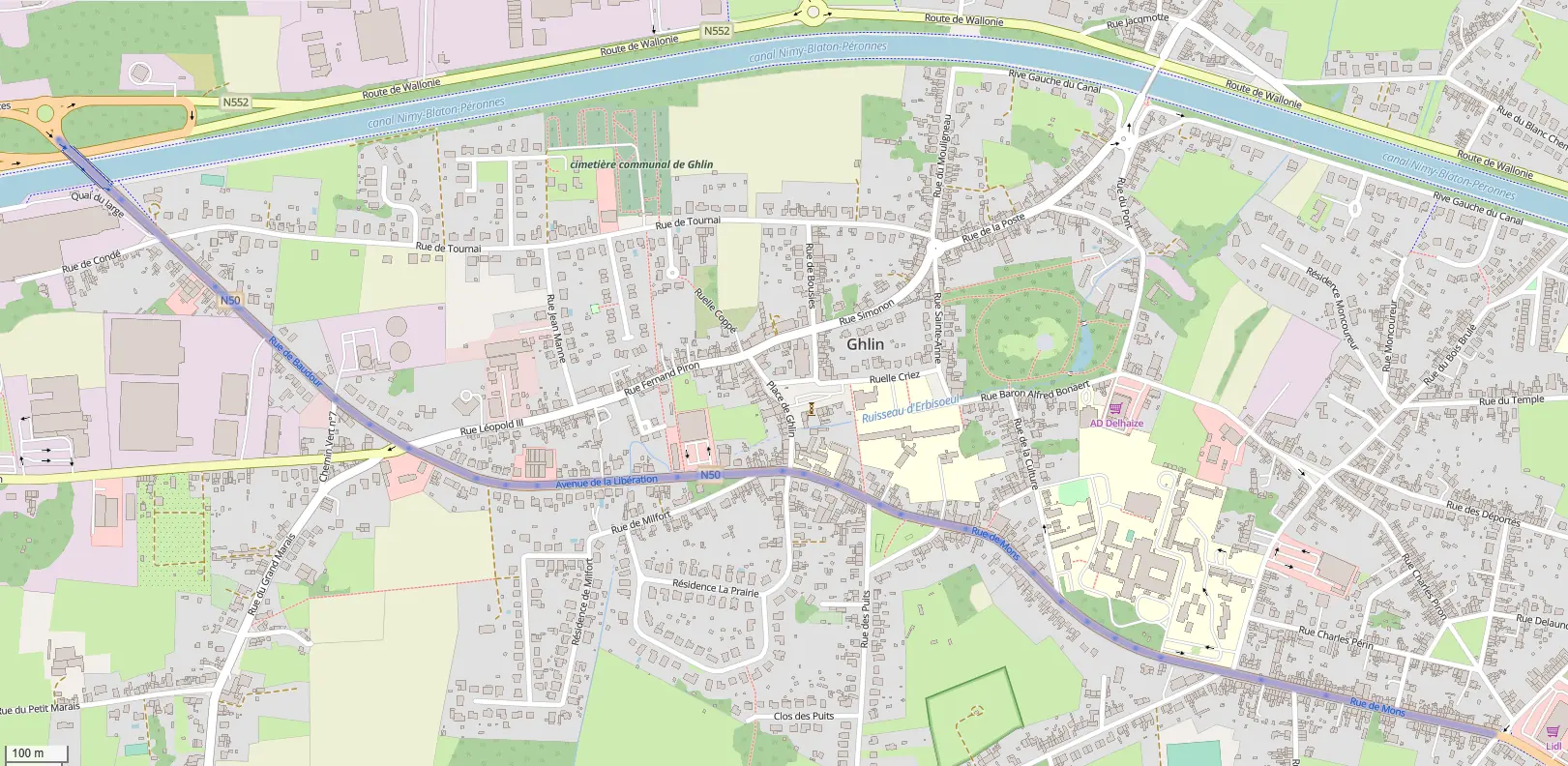 Carte du tronçon restant à réhabiliter, entre la rue Émile Limauge et le pont du Belvédère à Ghlin